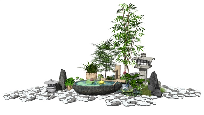 新中式景观小品庭院景观跌水景观水景石头盆栽植物SU模型(1)