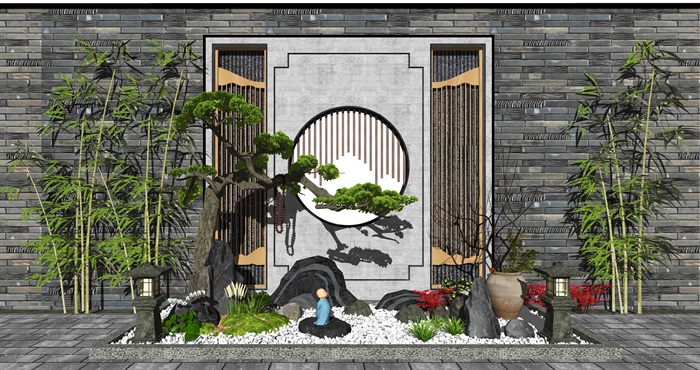 新中式景观小品庭院景观景墙片石假山石头松树SU模型(1)