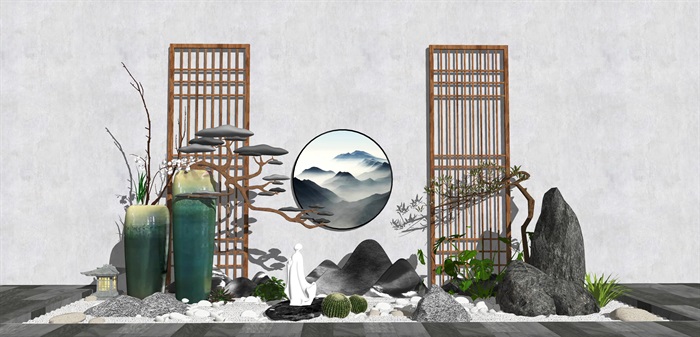 新中式庭院景观 景观小品 植物 陶罐 假山石头 植物 su模型(1)