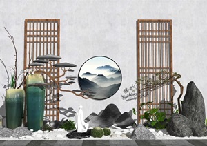 新中式庭院景观 景观小品 植物 陶罐 假山石头 植物 SU(草图大师)模型