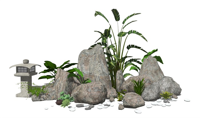 新中式假山叠石 植物石头造景su模型(1)