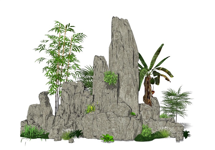 新中式假山叠石 石头 植物su模型(1)