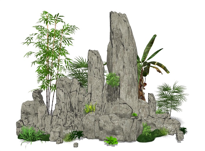 新中式假山叠石 石头 植物su模型(2)