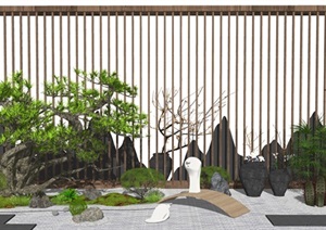 新中式景观小品 庭院景观 植物 枯枝 盆栽 假山石头 树SU(草图大师)模型