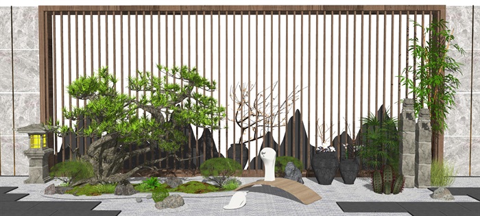新中式景观小品 庭院景观 植物 枯枝 盆栽 假山石头 树su模型(2)