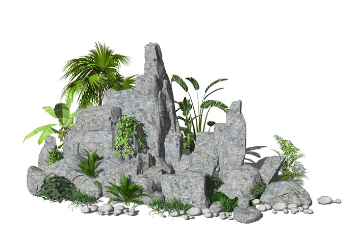 新中式假山叠石水景 景观庭院景观小品 石头 植物SU模型(1)