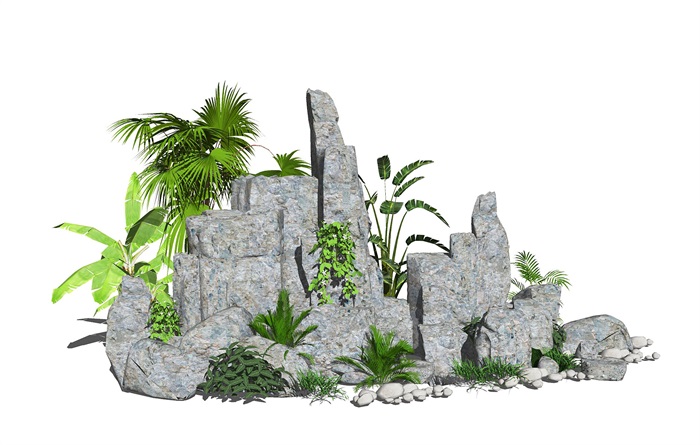 新中式假山叠石水景 景观庭院景观小品 石头 植物SU模型(2)
