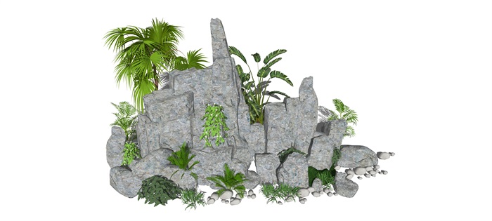 新中式假山叠石水景 景观庭院景观小品 石头 植物SU模型(3)