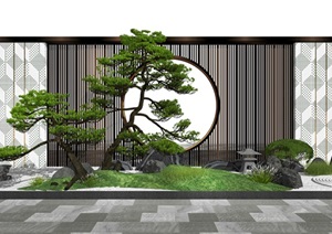 新中式景观小品庭院景观景墙片石假山松树SU(草图大师)模型