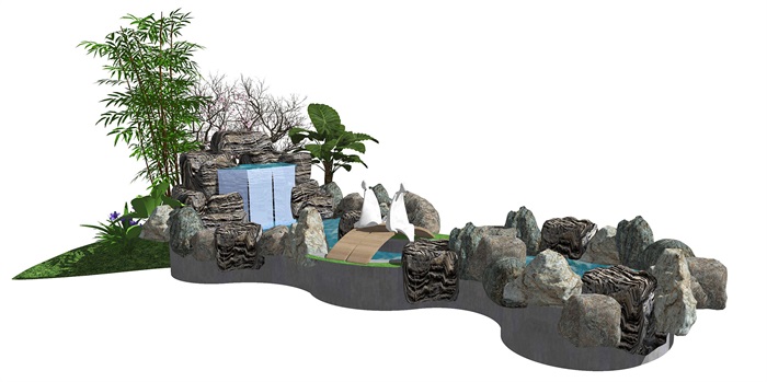 新中式假山叠石 滨水景观 石头 枯枝 植物su模型(1)