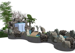 新中式假山叠石 滨水景观 石头 枯枝 植物SU(草图大师)模型