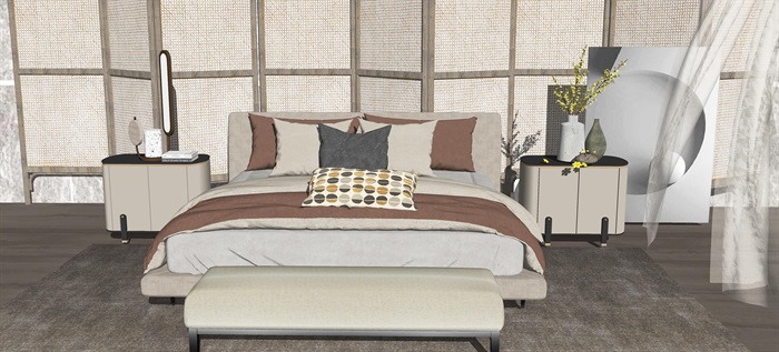 现代 双人床 床头柜 床 隔断 沙发 卧室su模型(1)