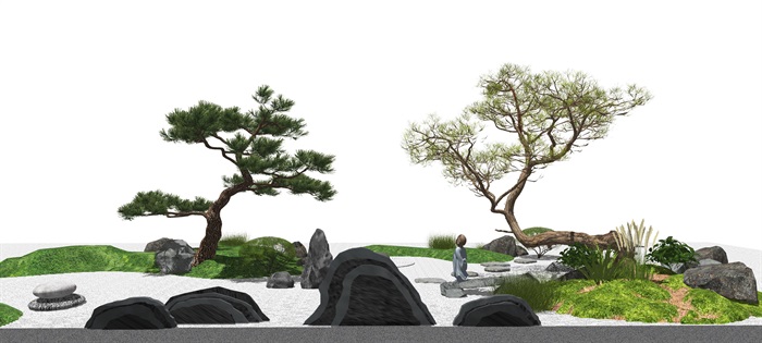 新中式景观小品庭院景观枯山水景观亭松树石头茶室SU模型4(1)