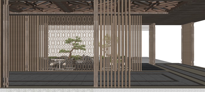 新中式景观小品庭院景观枯山水景观亭松树石头茶室SU模型4(2)