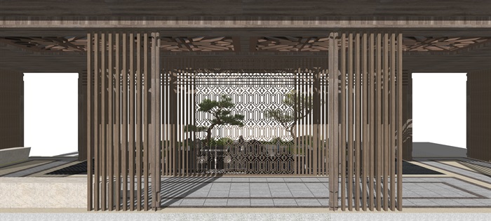 新中式景观小品庭院景观枯山水景观亭松树石头茶室SU模型4(3)