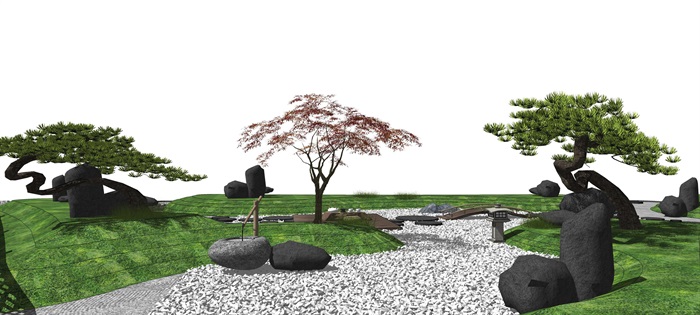 日式枯山水庭院景观 松树 石头 园艺庭院小景 枯树枯枝 茶台茶具(1)