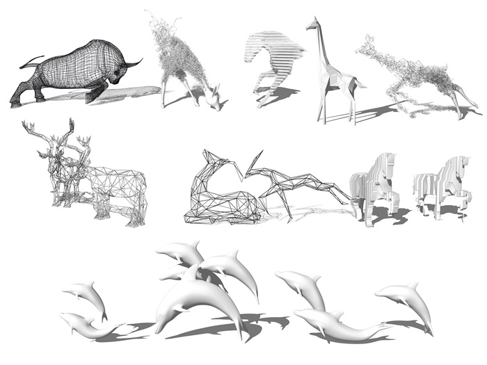 现代动物雕塑镂空雕塑动物抽象雕塑鹿雕塑牛雕塑马雕塑SU模型(2)