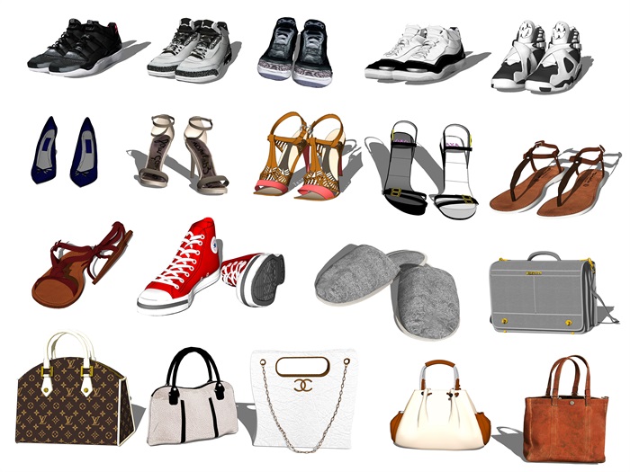现代鞋子运动鞋高跟鞋包包挂包组合SU模型(1)