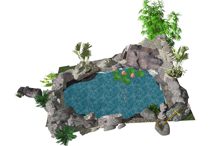 新中式庭院景观 假山叠石 假山水景 石头su模型(2)