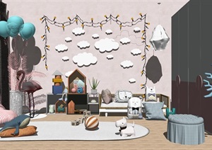 北欧粉色公主儿童房 懒人沙发 茶几 书桌 摆件 书架 沙发 气球 玩偶 抱枕 火烈鸟SU(草图大师)模型