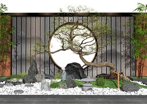 新中式景墙景观小品庭院景观假山石头枯山水碎石SU(草图大师)模型