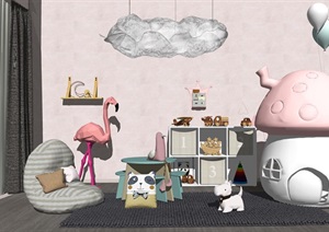 北欧风格儿童房 粉色公主儿童房 懒人沙发  书桌 摆件  气球 玩偶 抱枕 火烈鸟SU(草图大师)模型