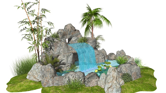 新中式庭院景观 假山叠石 假山水景 滨水景观 石头 植物su模型(2)