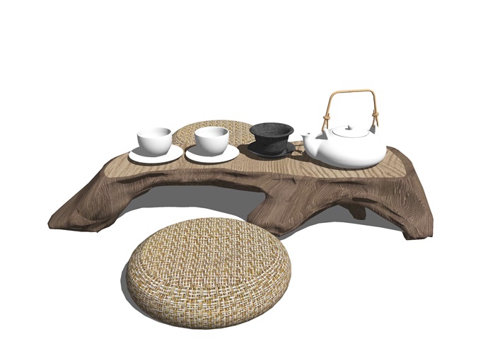 新中式木头茶几坐垫 茶几su模型(3)