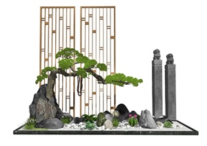 新中式景观小品庭院景观隔断屏风松树假山石头SU(草图大师)模型