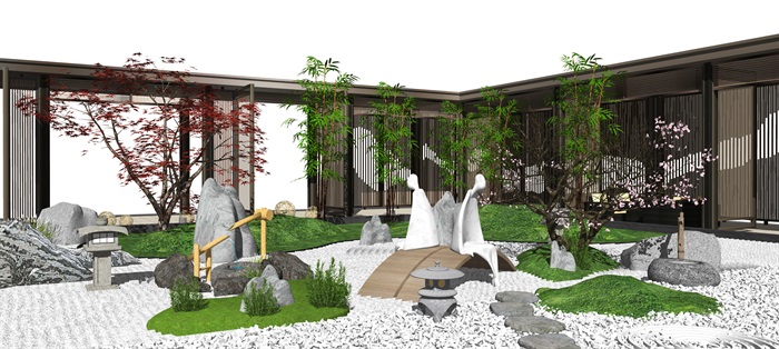 新中式景观小品庭院景观枯山水亭廊水景片石假山SU模型(1)