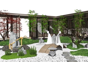新中式景观小品庭院景观枯山水亭廊水景片石假山SU(草图大师)模型
