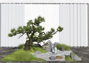 新中式庭院景观 景观小品 树 植物 草坪 石头SU(草图大师)模型