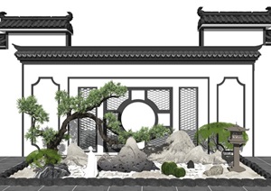 新中式庭院景观 景观小品 石头 假山植物 景观树SU(草图大师)模型