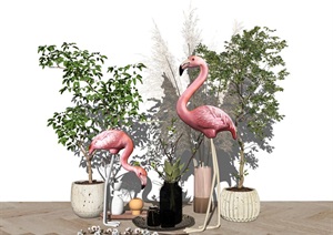 现代装饰品 摆件 植物  火烈鸟 盆栽 花瓶SU(草图大师)模型
