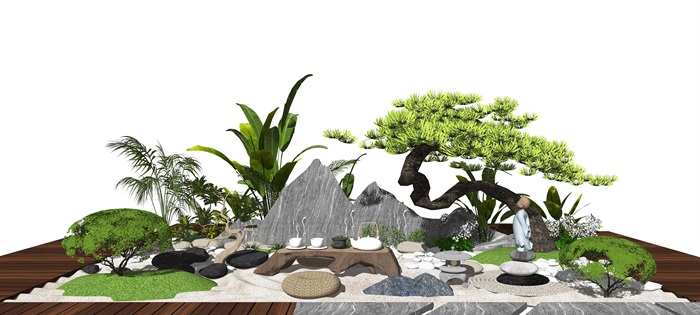 新中式 景观小品 庭院景观 植物 石头 茶几su模型(1)