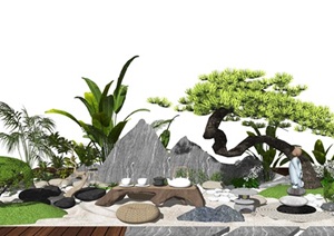 新中式 景观小品 庭院景观 植物 石头 茶几SU(草图大师)模型