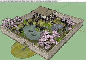 完整的日本枯山水庭院景观模型
