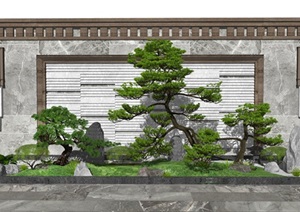 新中式景观小品景墙松树植物石头庭院景观SU(草图大师)模型
