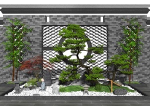 新中式景观小品庭院景观景墙松树石头枯山水SU(草图大师)模型