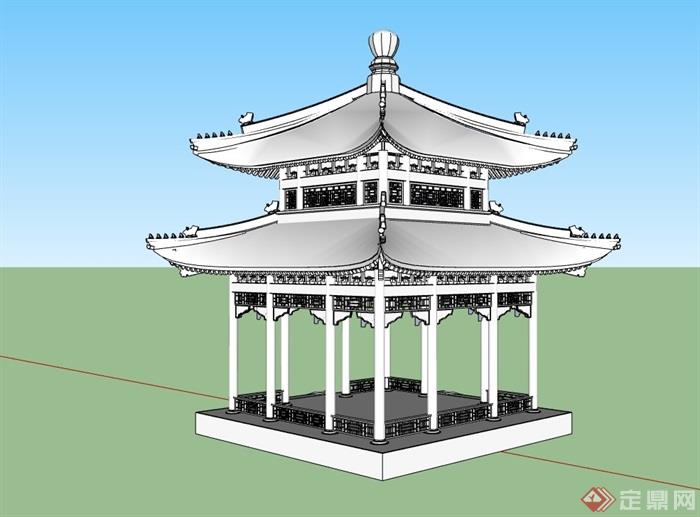 古典中式无材质贴图四角亭设计su模型