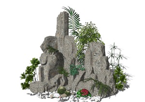 新中式假山叠石 石头 景观小品 植物SU(草图大师)模型
