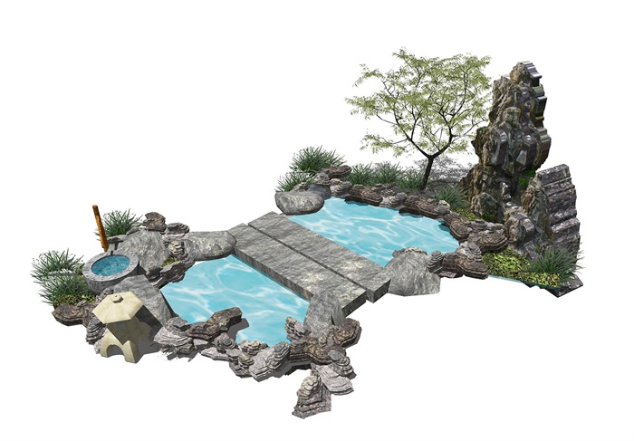 新中式滨水景观 景观小品 庭院景观 假山石头 水景su模型(1)