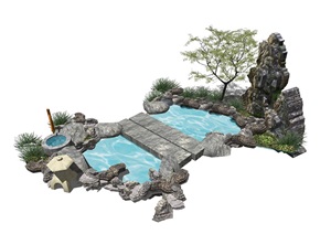 新中式滨水景观 景观小品 庭院景观 假山石头 水景SU(草图大师)模型