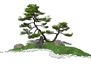 新中式景观小品石头松树景观树SU(草图大师)模型