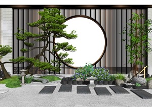 新中式景观小品庭院景观枯山水景墙松树石头汀步水景SU(草图大师)模型