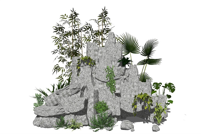 新中式假山叠石 石头 植物景观小品 su模型(3)