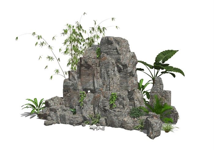 新中式假山叠石 石头 植物景观小品 su模型(1)