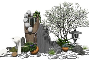 新中式景观小品庭院景观跌水景观石头石灯木桶SU(草图大师)模型