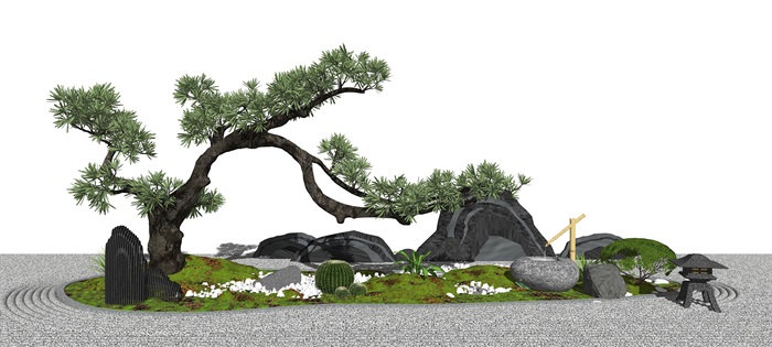 新中式景观小品 庭院景观 树 石头SU模型(1)