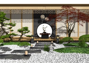 新中式景观小品庭院景观枯山水茶室景观树松树SU(草图大师)模型